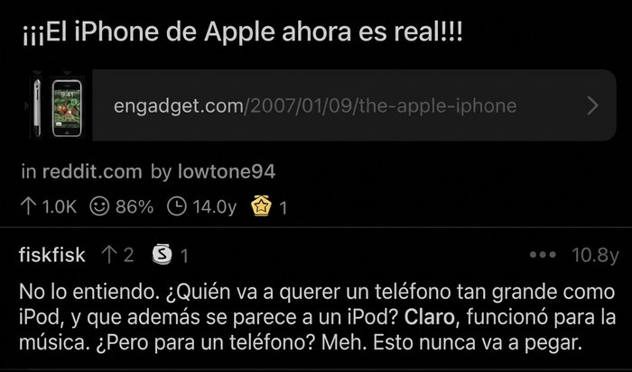 Captura de pantalla con comentario negativo sobre iPhone y su diseño similar a iPod