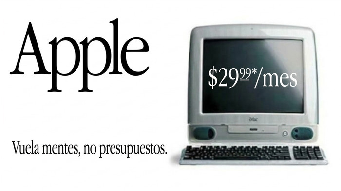 Imagen de computadoras Apple antiguas con precio y lema sobre presupuestos