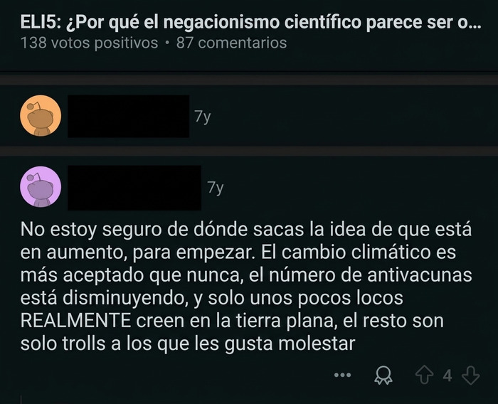 Captura de pantalla texto en foro discutiendo negacionismo científico y cambio climático