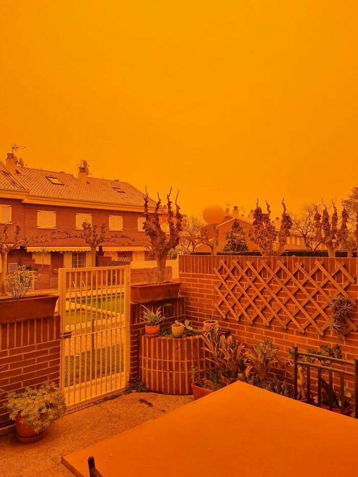 Cielo naranja intenso sobre barrio con casas y jardín en un día nublado