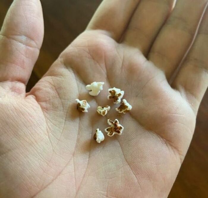 Mano sosteniendo pequeñas palomitas de maíz miniatura