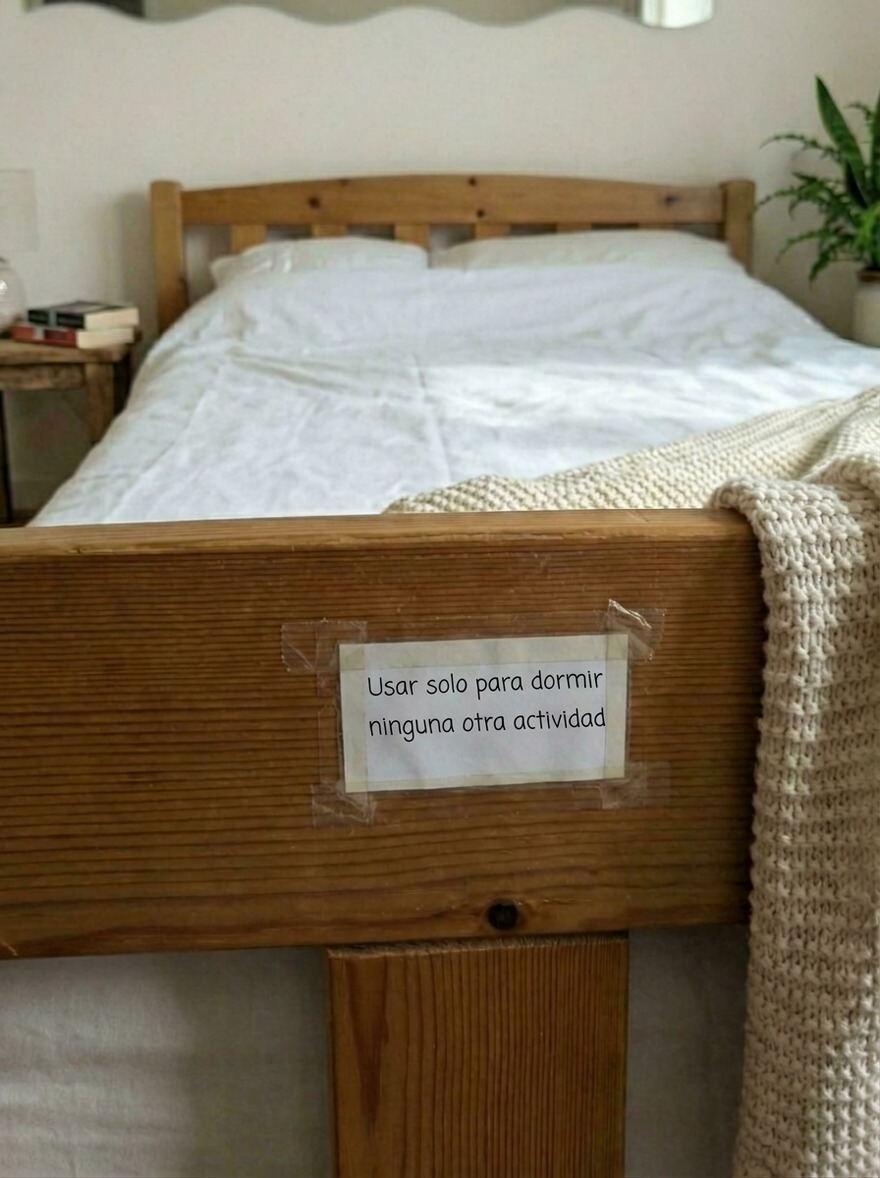 Etiqueta en cama de madera prohibiendo otras actividades en hotel con fallos sorprendentes