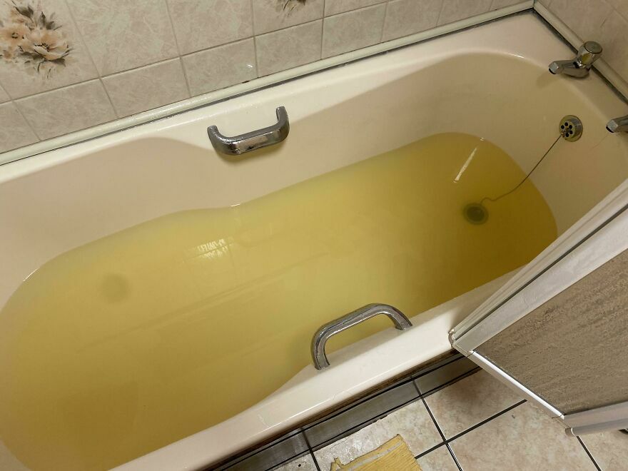 Baño con agua amarilla en hotel, fallos sorprendentes en hoteles y Airbnbs