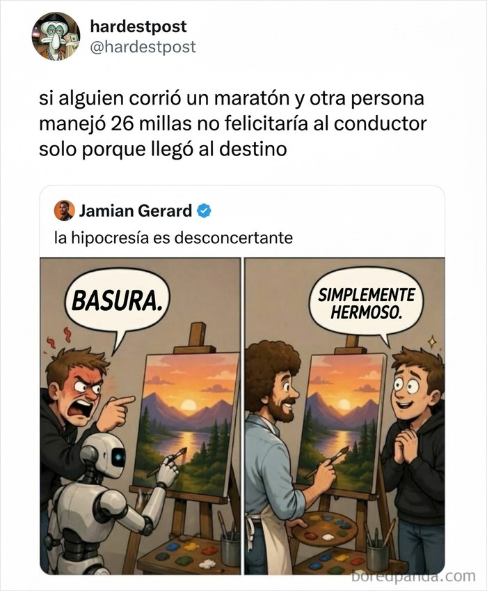 Cómic sobre hipocresía con pintura de paisaje criticada y luego admirada