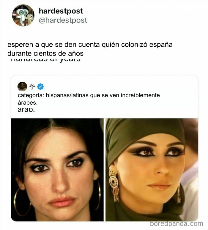 Comparación de fotos de mujeres con texto sobre colonización de España y apariencia árabe
