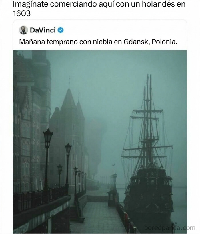 Imagen de niebla y barco en Gdansk Polonia con texto sobre comercio en 1603