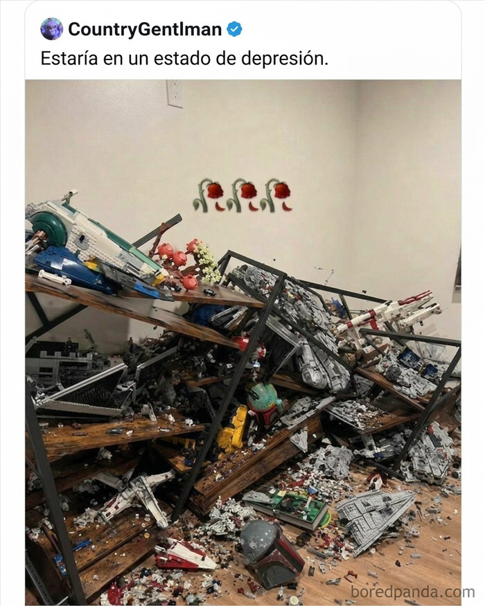 Estantes caídos con modelos de naves espaciales de Lego rotas Estado de depresión