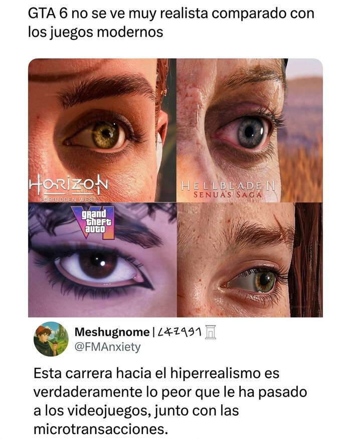 Comparación de ojos en videojuegos modernos y GTA 6 mostrando gráficos y realismo en publicaciones aleatorias