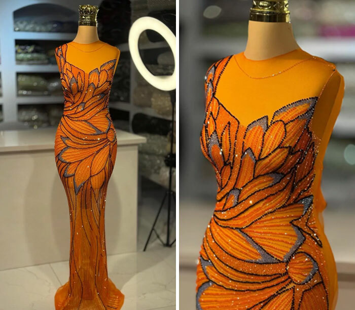 Vestido naranja con diseño de flores hecho a mano en figura de costura