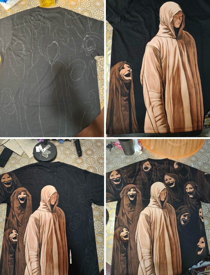 Camiseta negra pintada a mano con figuras humanas en tonos marrones