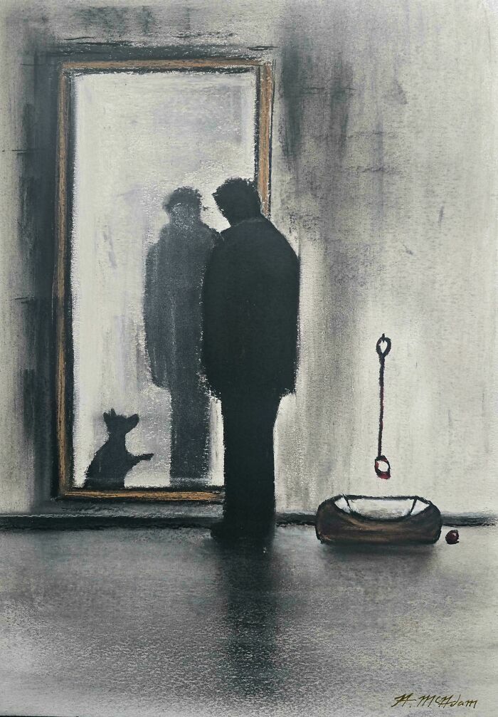 Dibujo artístico con figura y perro reflejados en espejo