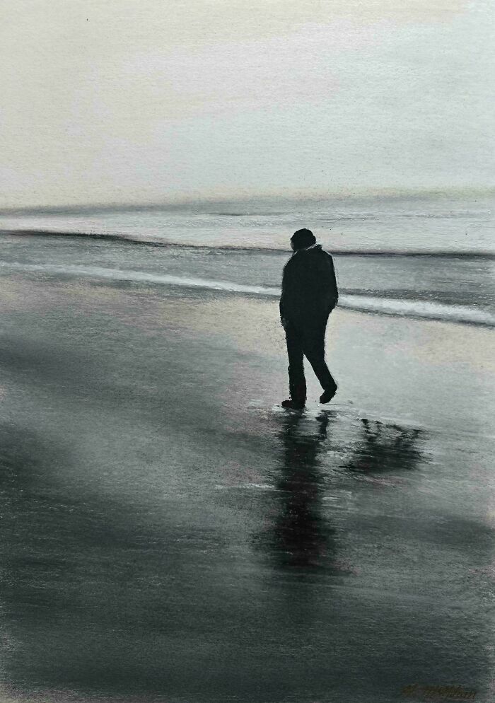 Dibujo en blanco y negro de persona caminando en la playa creación artística