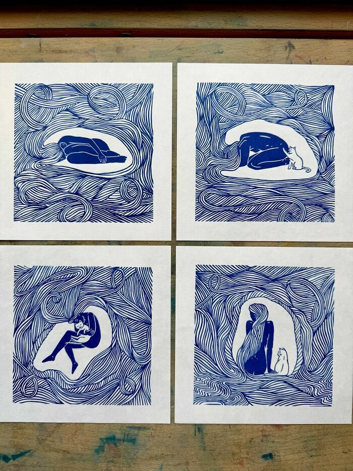 Cuatro ilustraciones en azul de mujeres y gatos, creación genial artística
