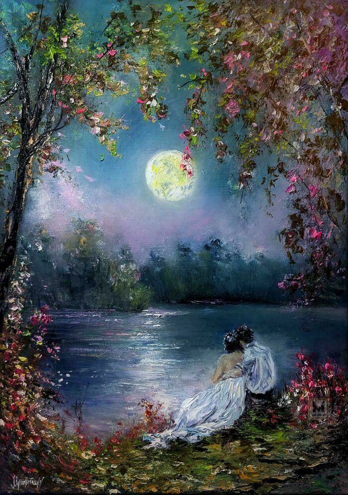 Pintura romántica al óleo de pareja junto a lago noche creativa