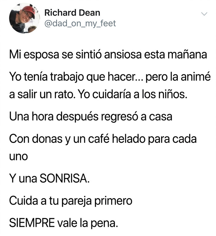Tuit que resalta la importancia de cuidar y apoyar a la pareja en momentos de ansiedad