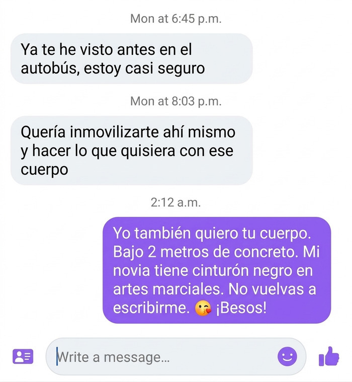 Diálogo con mensaje contundente para hombre inapropiado en conversación por red social