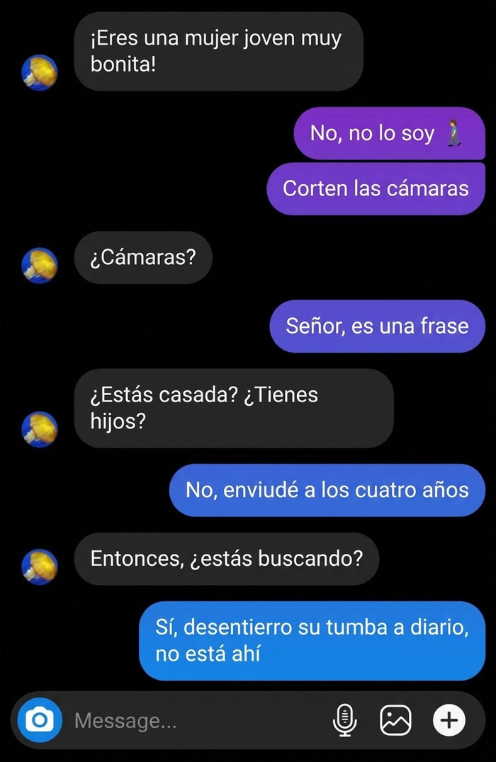 Chat donde una mujer joven responde con sarcasmo a preguntas ridículas de hombre