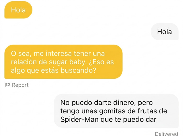 Mensaje sobre relación sugar baby en conversación de texto