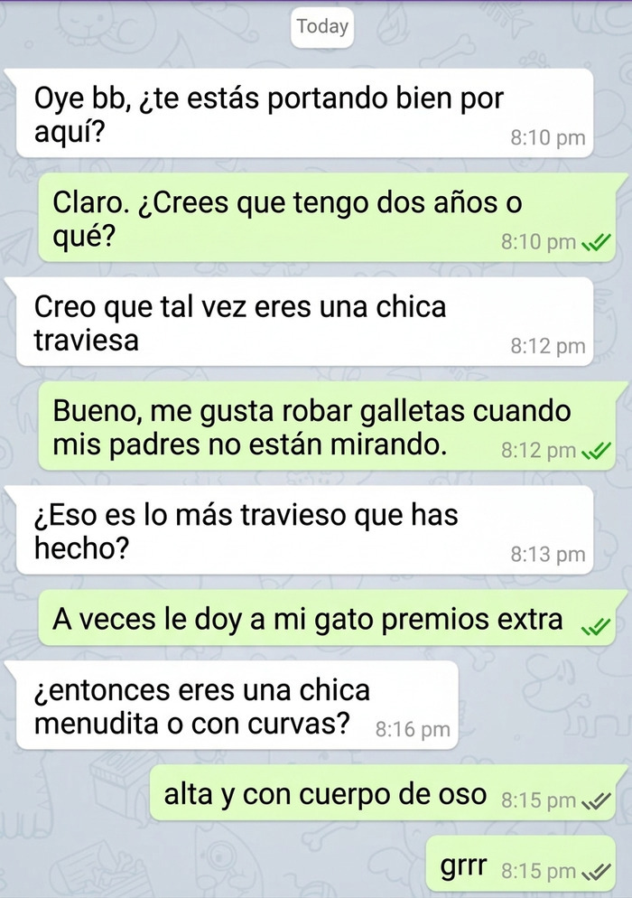 Diálogo divertido sobre travesuras y mensajes ridículos en conversación de mujeres y hombres