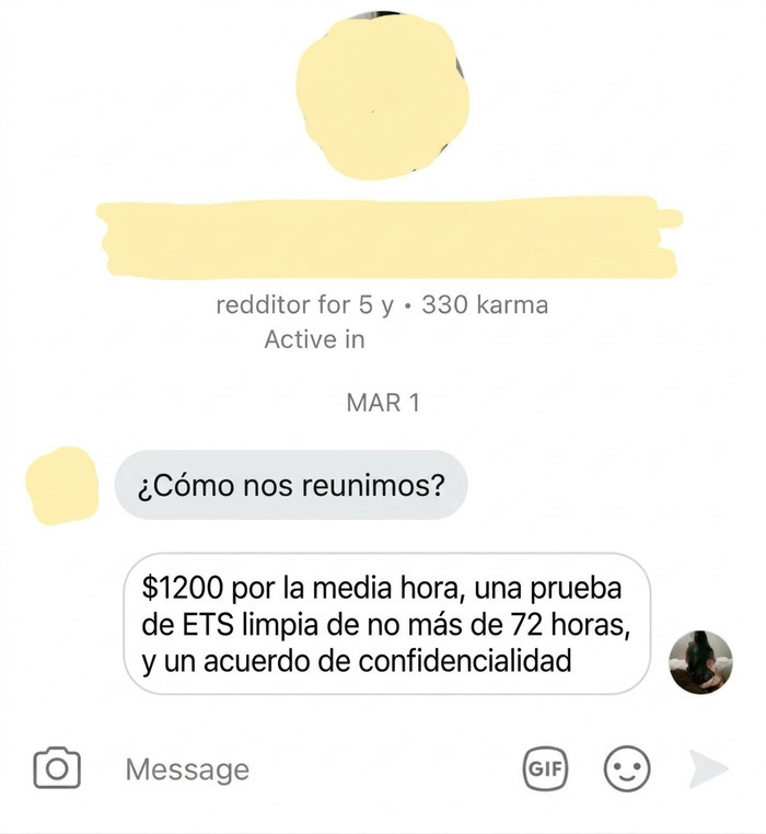 Mensaje de texto con oferta y condiciones en conversación ridícula