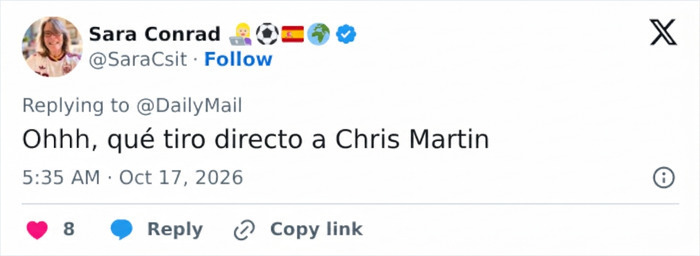 Comentario en redes sobre Chris Martin en esc&aacute;ndalo con Dakota Johnson