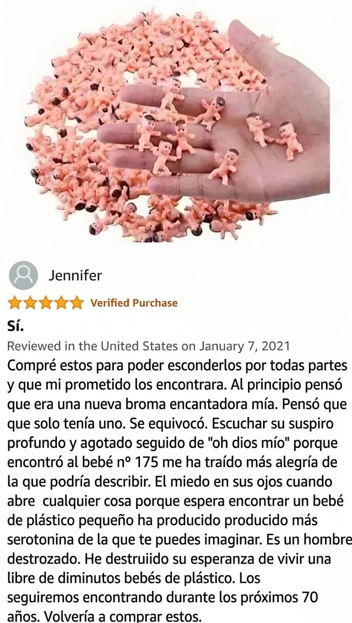 Reseña divertida sobre bebés de plástico en Amazon que causan sorpresa y miedo.
