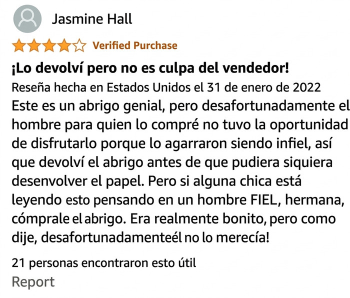 Reseña en Amazon sobre abrigo devuelto sin culpa del vendedor