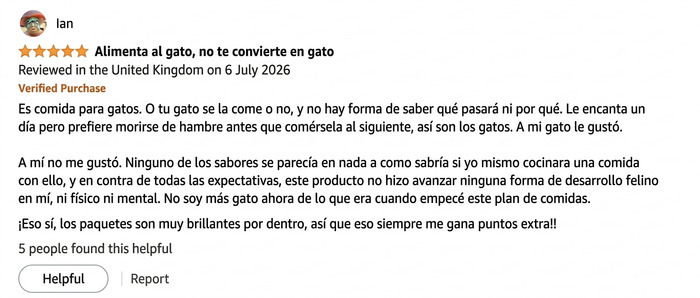 Reseña divertida de comida para gatos con opinión humorística en Amazon