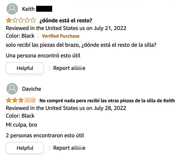 Reseñas divertidas en Amazon pidiendo el resto de la silla negra