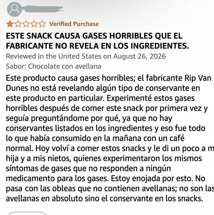 Reseña divertida sobre snack que causa gases horribles en Amazon
