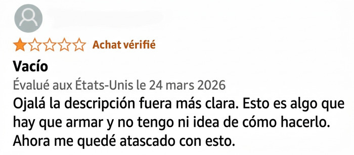 Reseña cómica sobre producto complicado de armar en Amazon