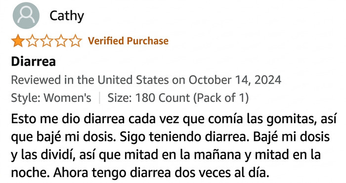 Reseña graciosa sobre diarrea por gomitas en Amazon