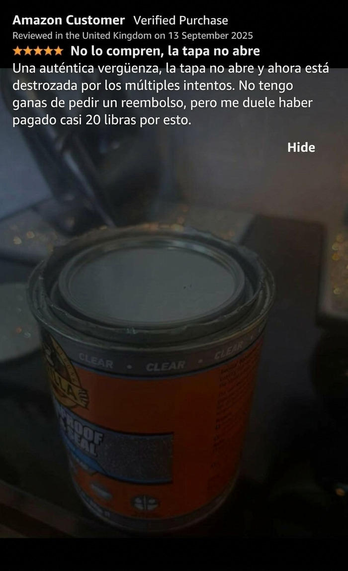 Reseña de Amazon sobre tapa que no abre y producto estropeado