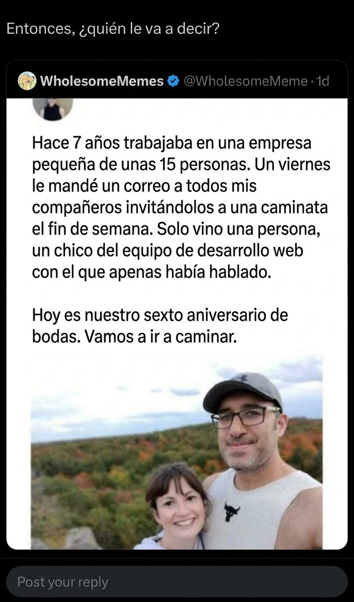 Publicación en redes sociales sobre una pareja feliz, ejemplo de memes y bromas con historias emotivas.