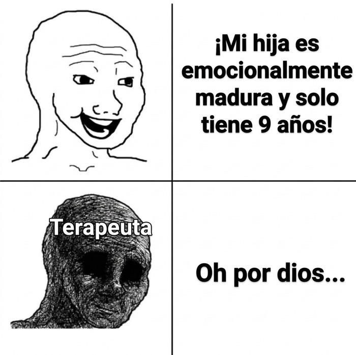 Meme formato Wojak sobre madurez emocional y terapia dentro de la lista de memes y bromas.