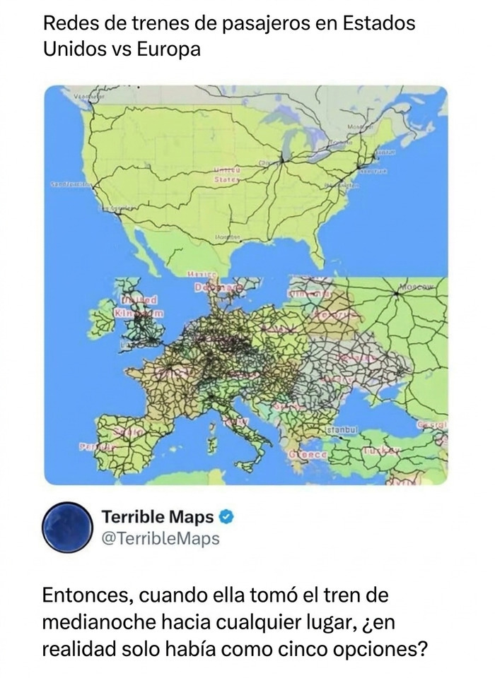 Meme comparativo de mapas de trenes en EE. UU. y Europa, de la serie de memes y bromas.
