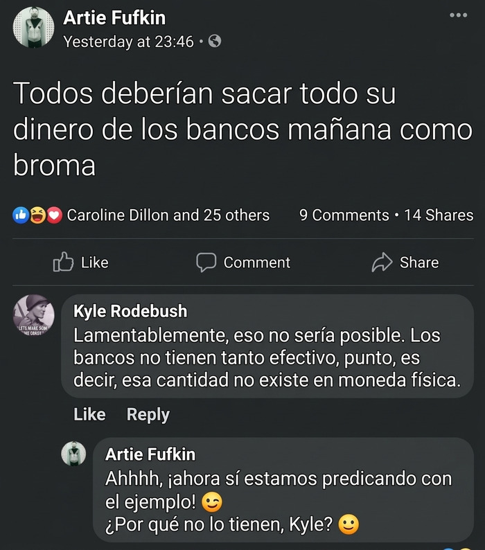 Captura de pantalla de publicación en redes sociales sobre bancos, parte de memes y bromas irónicas.