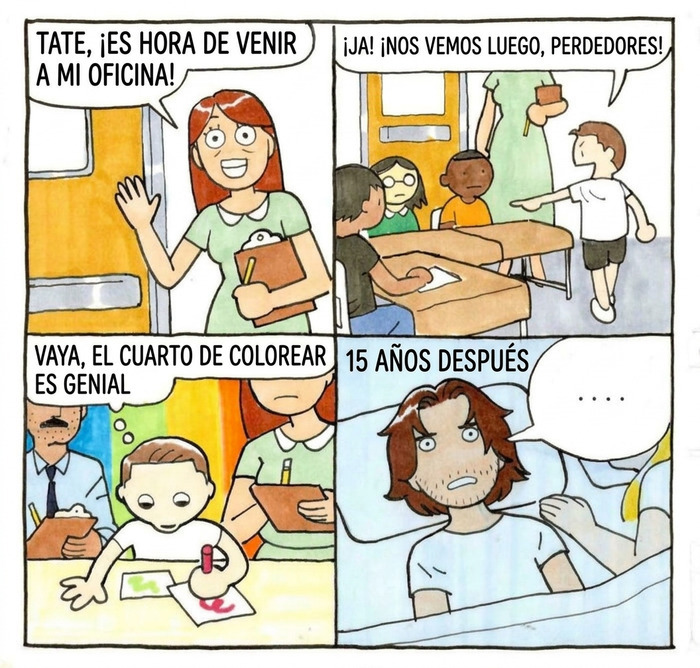 Comic divertido sobre un niño en la escuela, ejemplo de memes y bromas creativas.