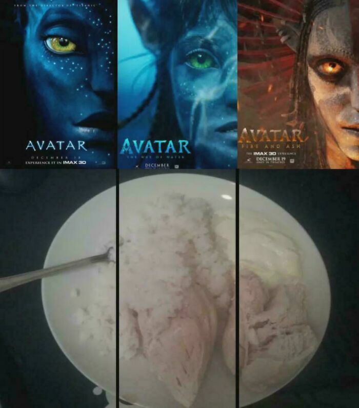 Meme gracioso comparando posters de Avatar con comida explicados