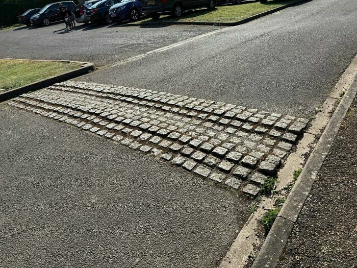 Un resalto de adoquines mal colocado en la carretera, un ejemplo curioso de fallos de construcción.