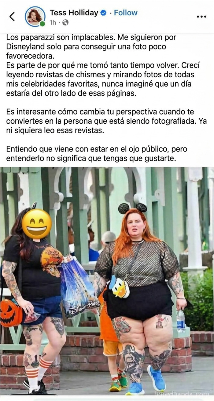 Publicación de una influencer sobre su experiencia siendo fotografiada en un parque de atracciones.