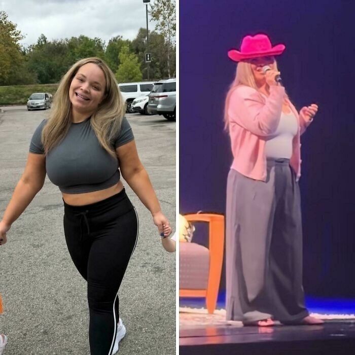 Comparativa de una de las influencers antes y durante un evento con sombrero rosa.
