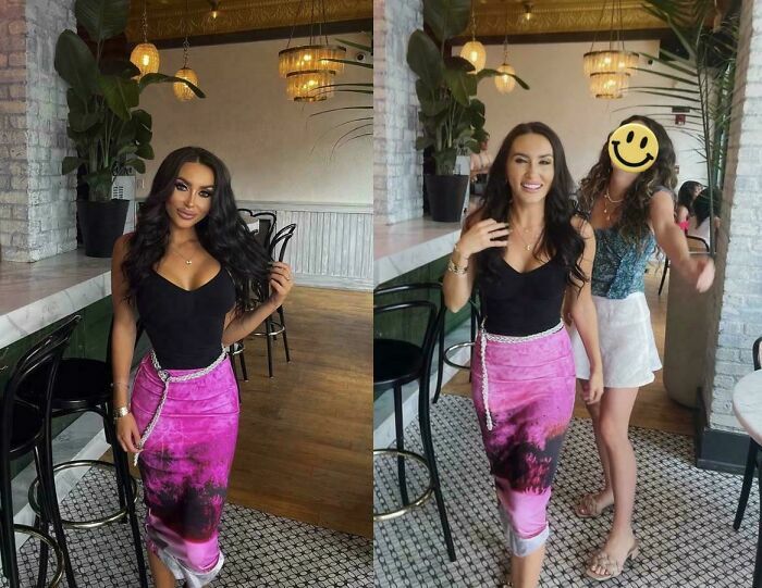 Comparativa de una mujer en fotos tan retocadas frente a su aspecto natural en una reunión.
