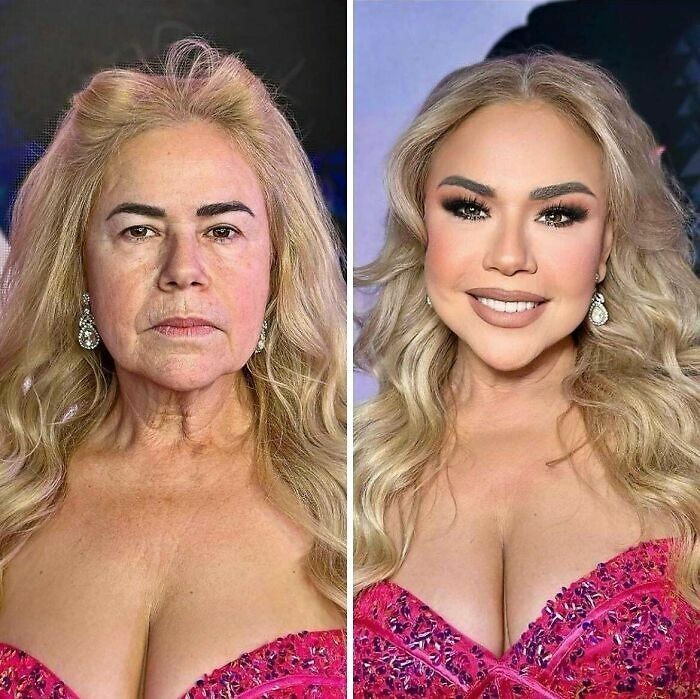Comparación de fotos tan retocadas de una mujer rubia mostrando un cambio drástico sin arrugas.