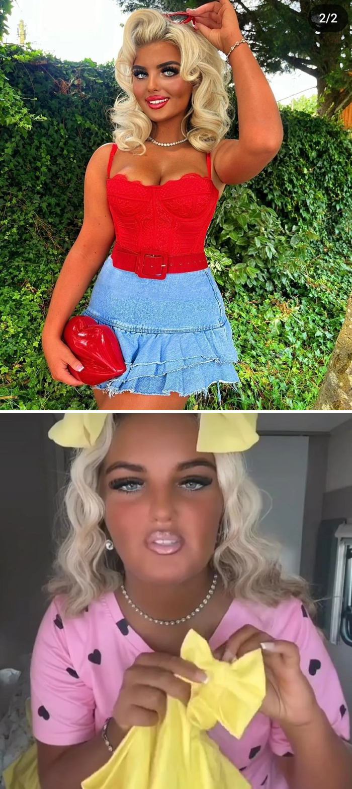 Comparativa de una mujer en fotos tan retocadas con exceso de filtros y edición de piel.