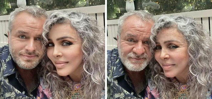 Pareja madura posando juntos en fotos tan retocadas con suavizado de piel excesivo.