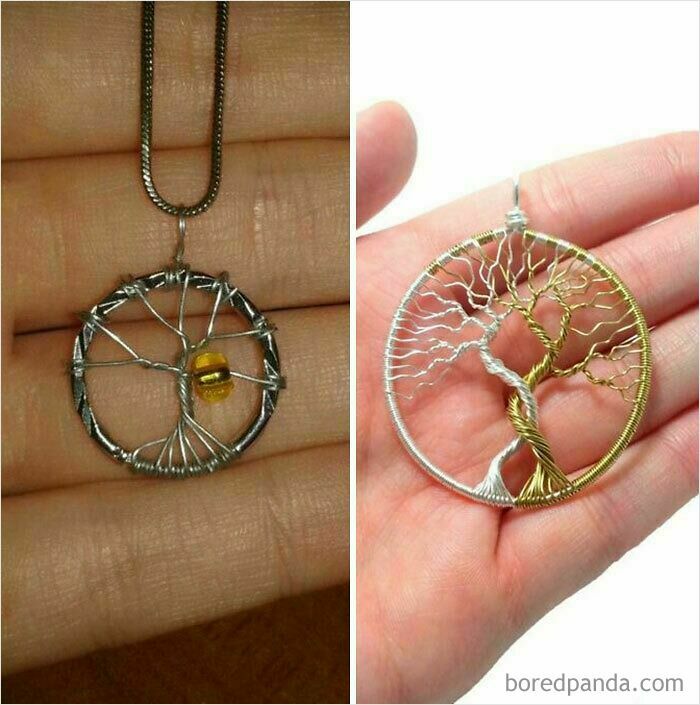 Imágenes reconfortantes de colgantes hechos a mano con alambre en forma de árbol de la vida.