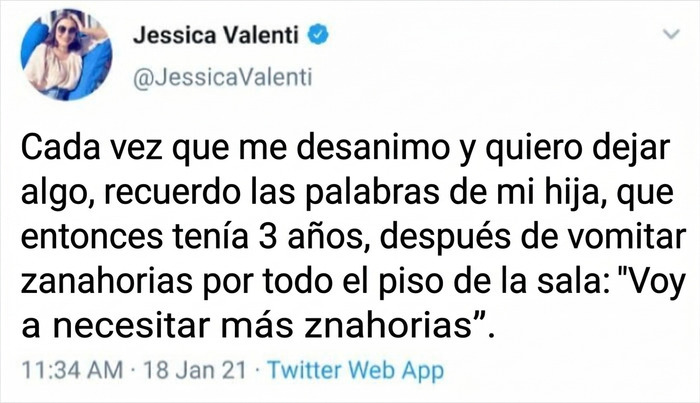 Tweet motivacional sobre una niña y sus zanahorias, parte de imágenes reconfortantes que alegran el día.