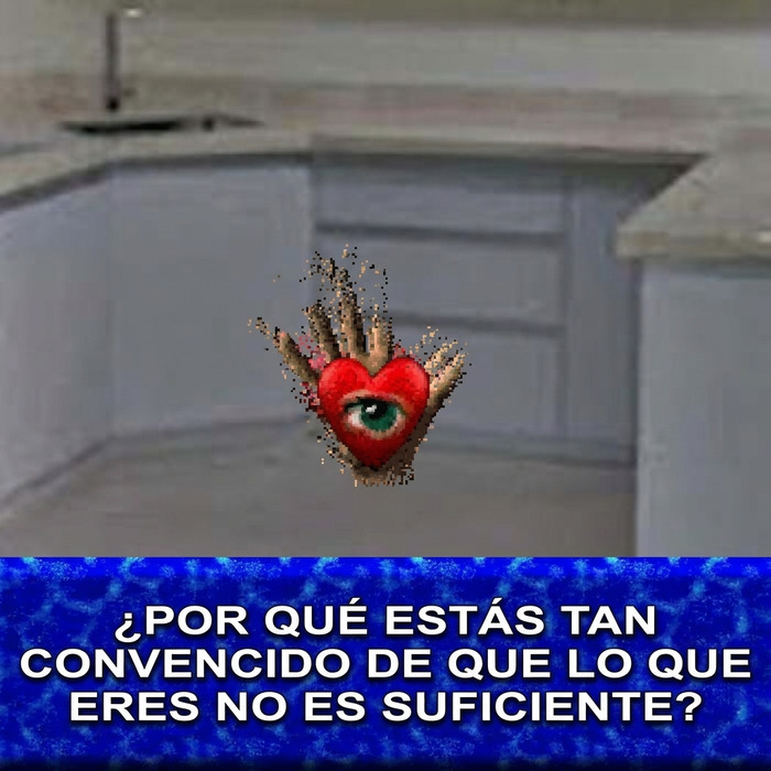 Imagen surrealista con un corazón y un ojo en una cocina con un mensaje de imágenes reconfortantes.
