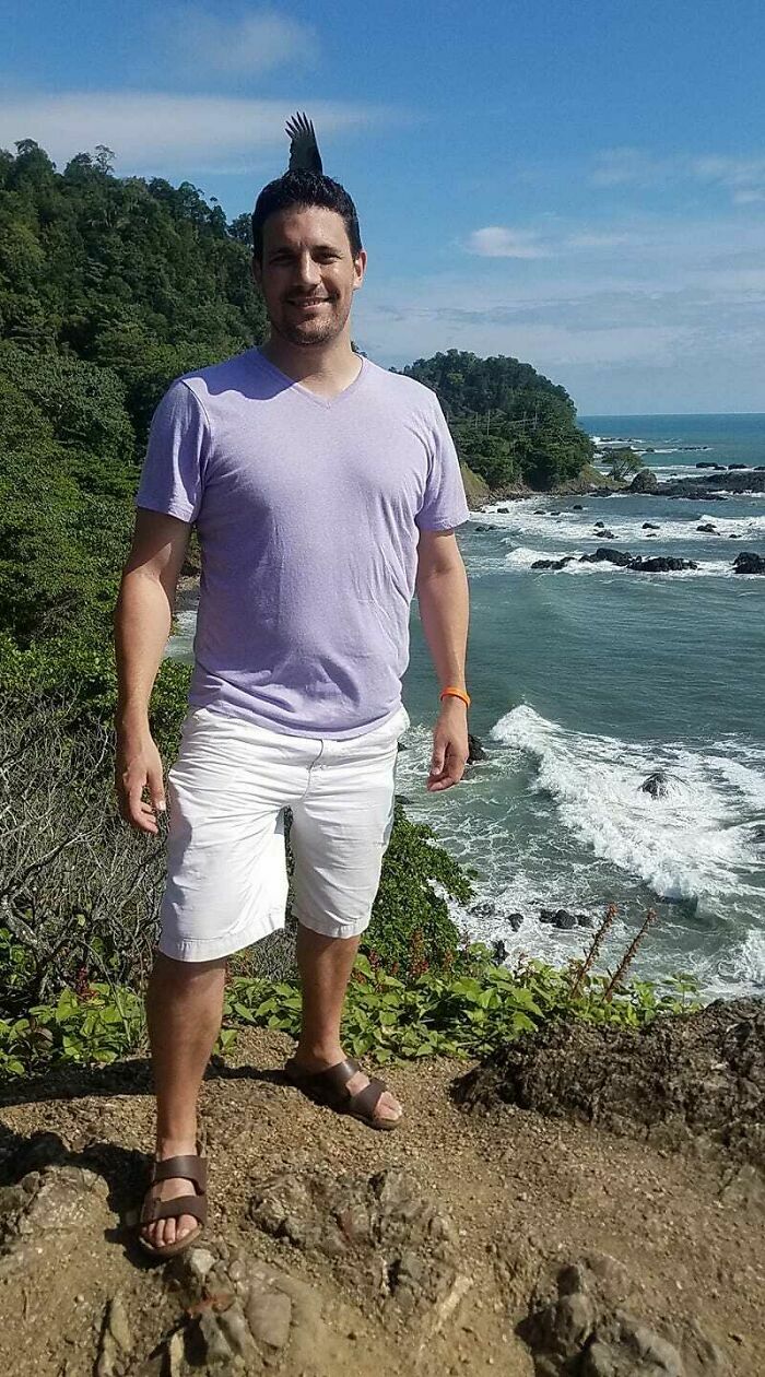 Hombre posando cerca del mar en una de esas fotos divertidas donde un ave en el fondo parece salir de su cabeza.